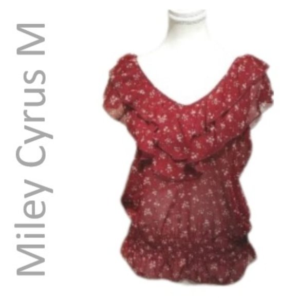 Miley Cyrus & Max Azria Medium dark red light rose pattern sheer ruffle … - Picture 3 of 8